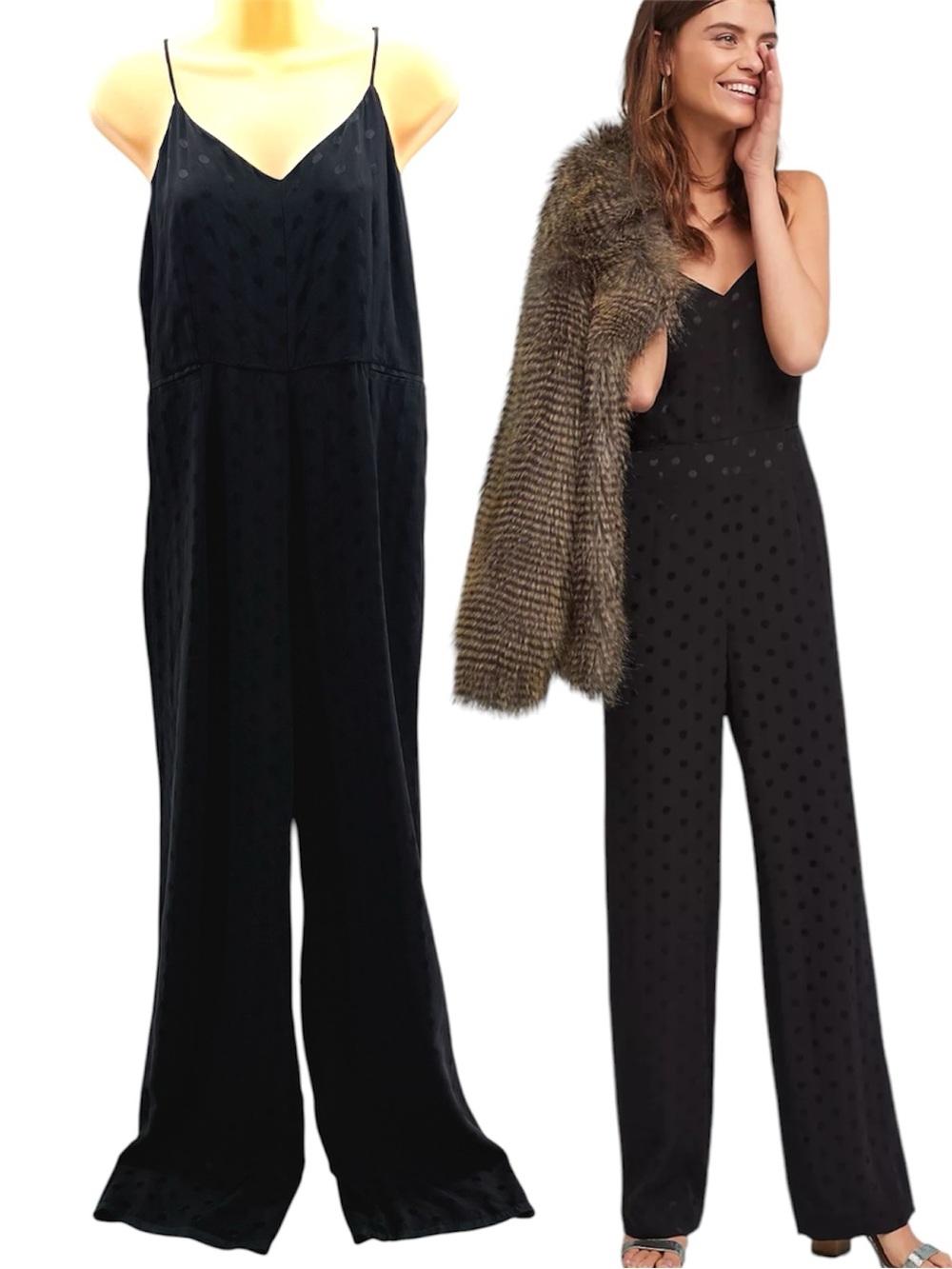 Anthropologie The Essential Jumpsuit  Black Polka-Dot V-Neck Long Leg Size 8